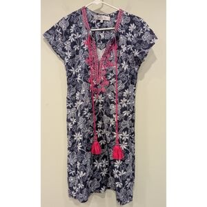 Bella Tu Ellery Ikat Indigo And Pink Embroidered Beaded Tunic Dress Size XS